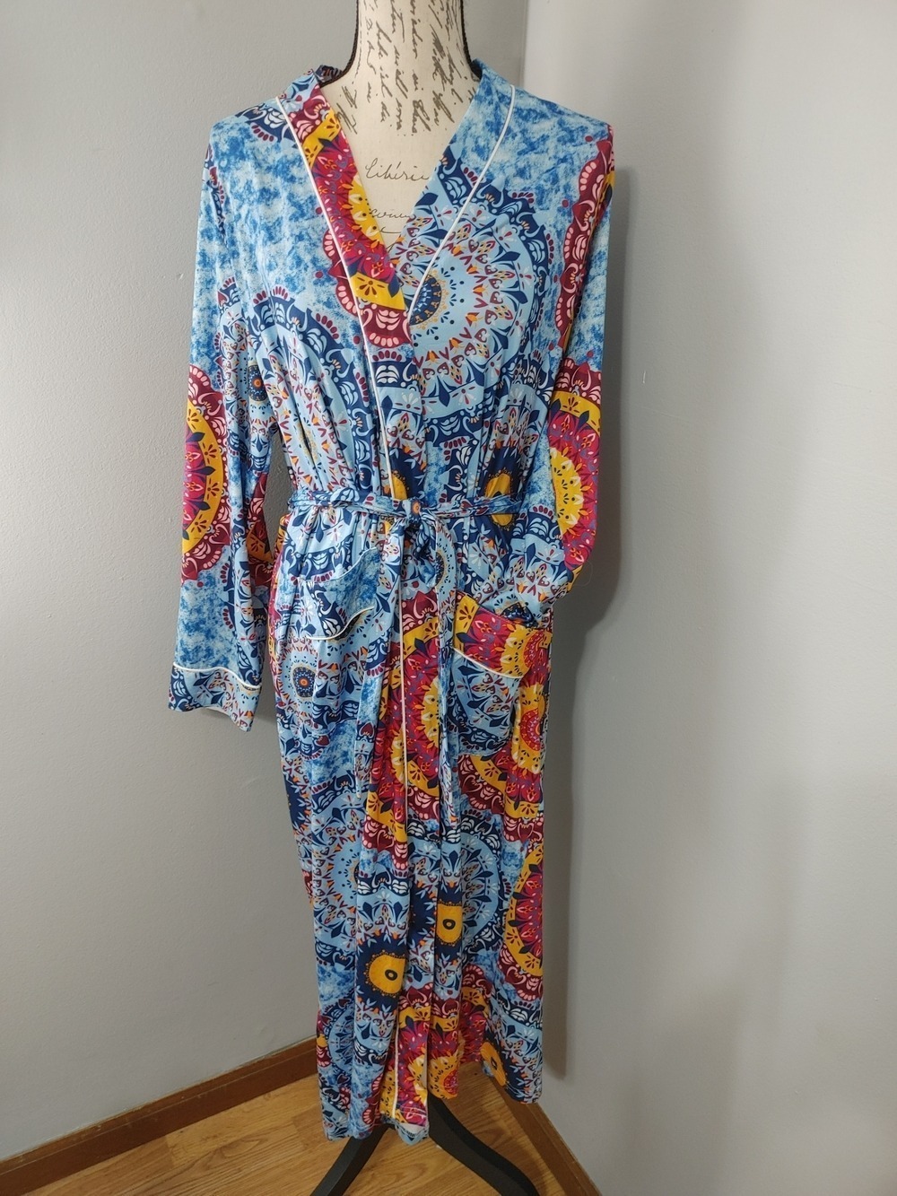 Ekouaer Blue Pink Mandala Floral Print Long Kimono Robe Soft Sz S